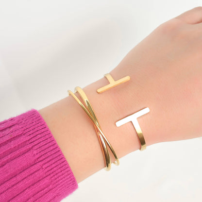 Maria 18k Gold Cuff Bracelets - X Cuff Bracelet - Bar Open Bangle: Criss Cross