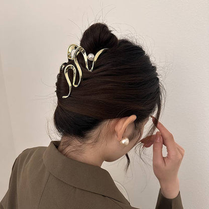 Large Hair Clip, Pearl, Hair Accessories, Metal, Thick Hair: Gold
