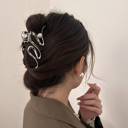 Large Hair Clip, Pearl, Hair Accessories, Metal, Thick Hair: Gold