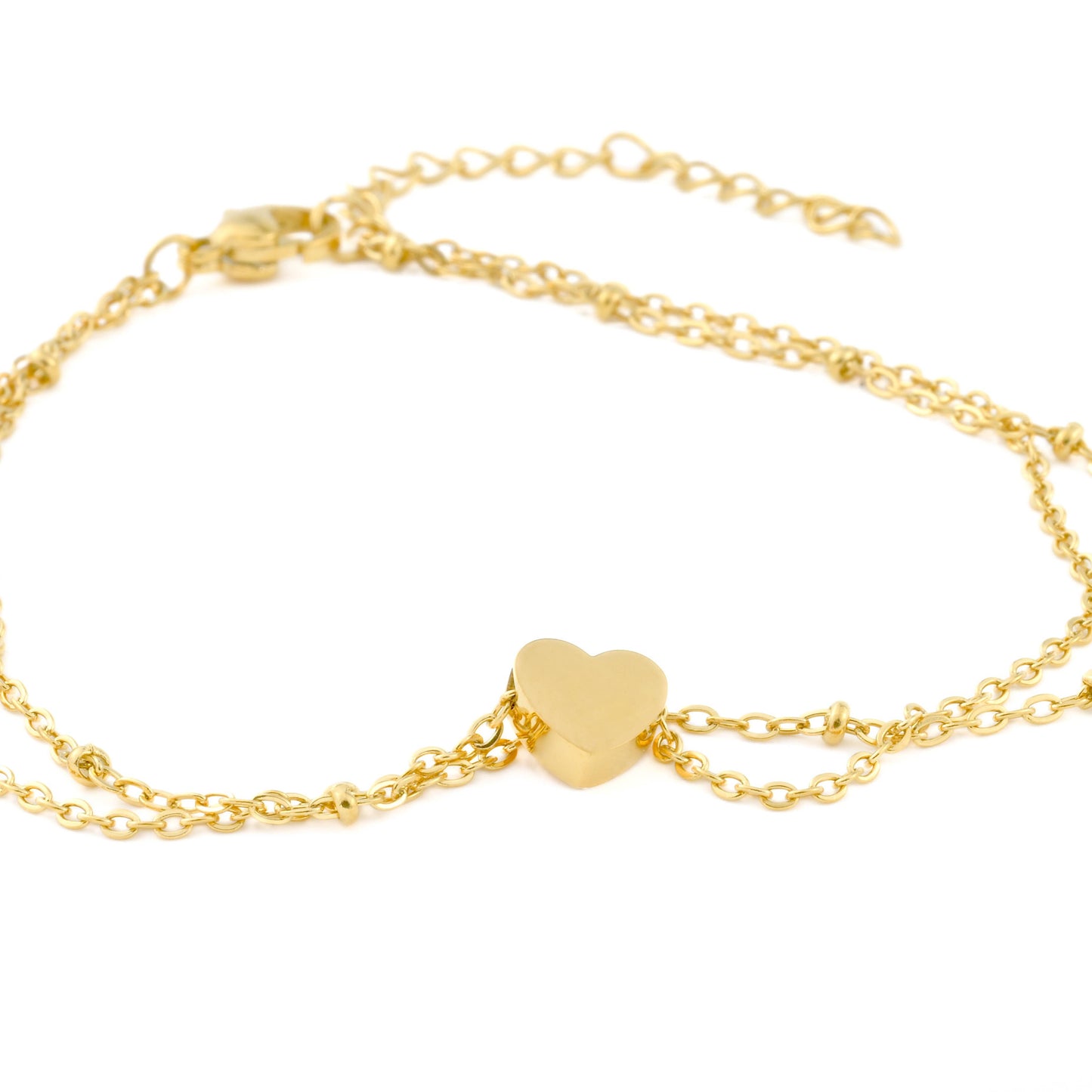 Lara Layered Heart Anklet - Double Chain Heart Charm Anklet: Yellow Gold / Stainless Steel (Waterproof)