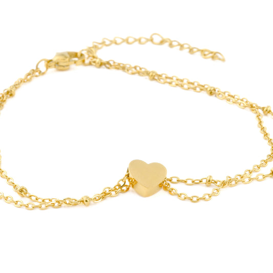 Lara Layered Heart Anklet - Double Chain Heart Charm Anklet: Yellow Gold / Stainless Steel (Waterproof)