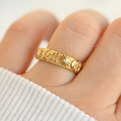 Odessa Sun, Moon, Stars Cuff Bracelet - Embossed Celestial Bracelet: Cuff Bracelet / One Size