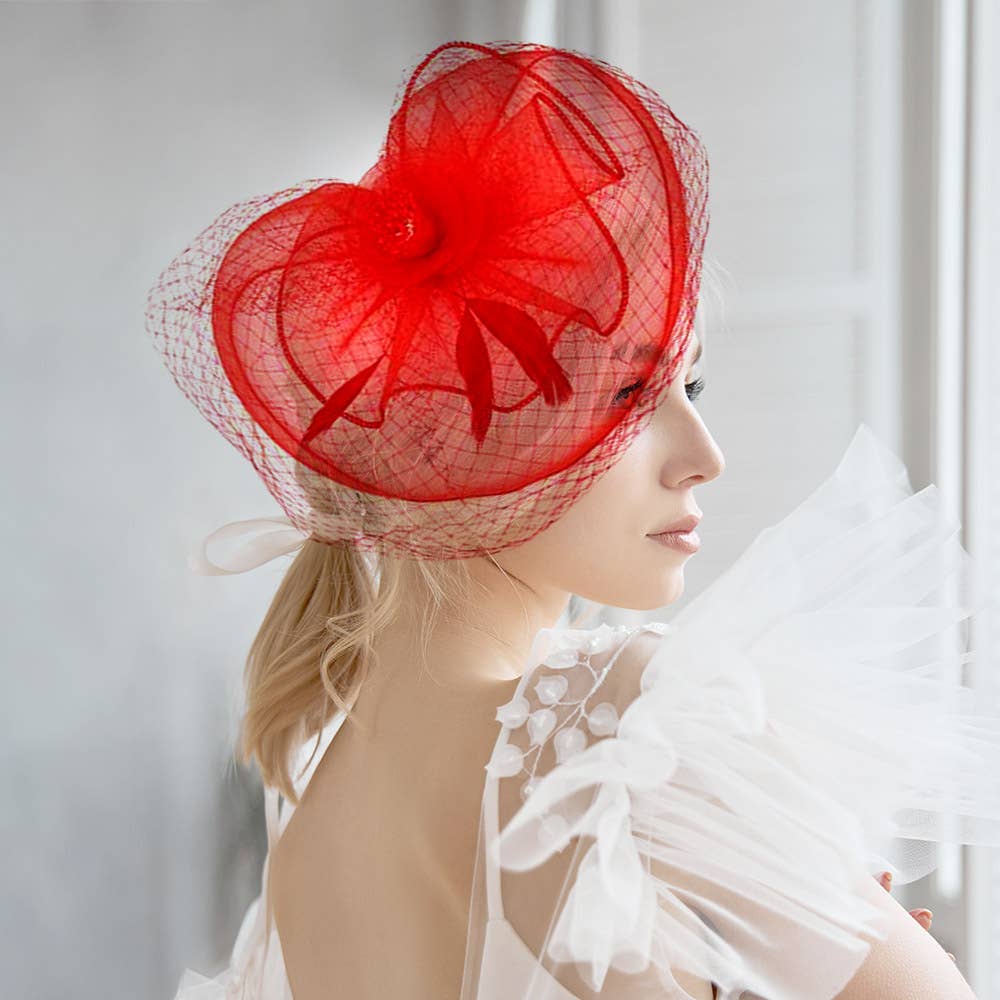 Flower Feather Mesh Fascinator / Headband: Orange