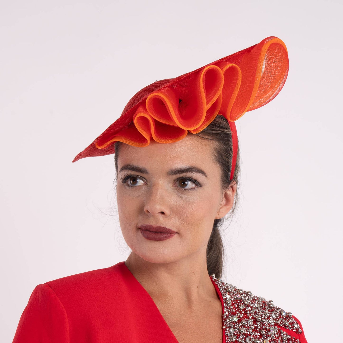 2Tone Crinoline Trimming Sinamay Fascinator | 5931H: RED+ORANGE