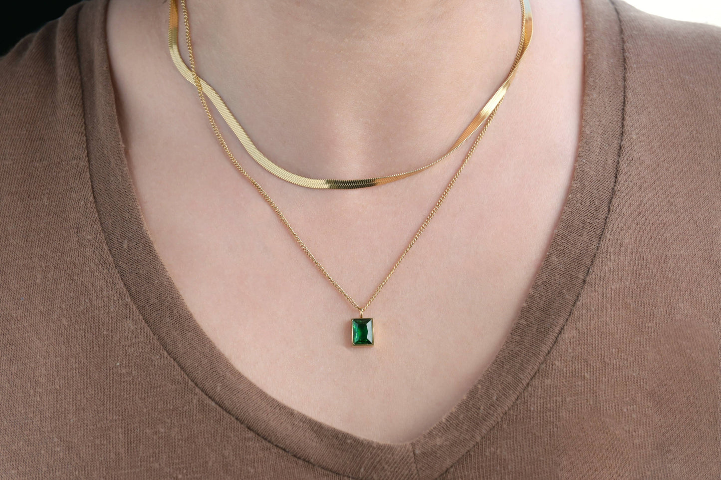 Layered Herringbone Necklace - Cushion Cut Emerald Necklace