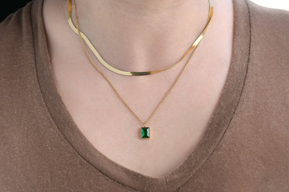 Layered Herringbone Necklace - Cushion Cut Emerald Necklace