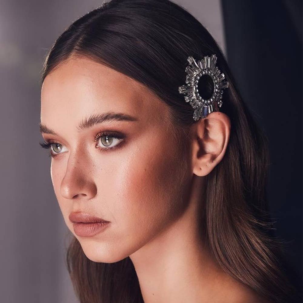 Briella Elegant Crystal Sunburst Hair Clip - Sparkling Rhinestone: Gold