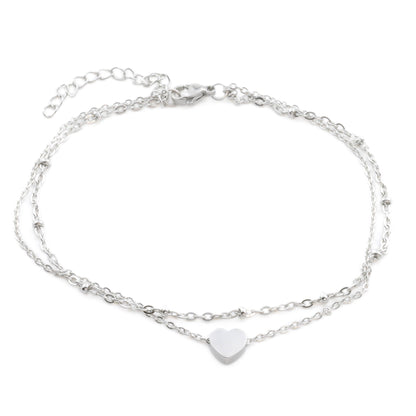 Lara Layered Heart Anklet - Double Chain Heart Charm Anklet: Yellow Gold / Stainless Steel (Waterproof)