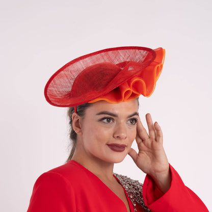 2Tone Crinoline Trimming Sinamay Fascinator | 5931H: RED+ORANGE