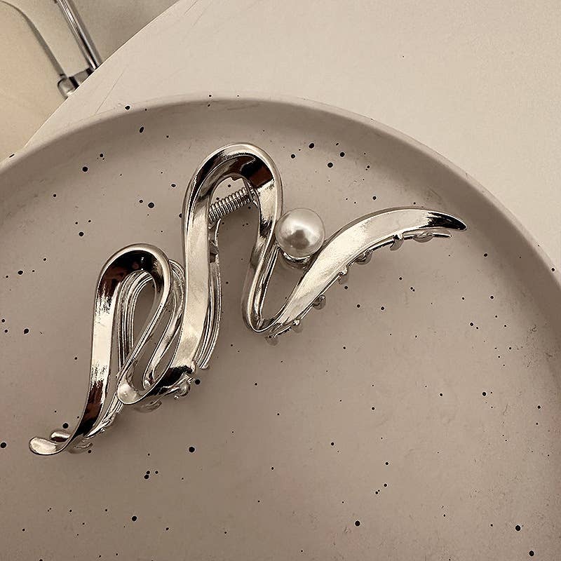 Large Hair Clip, Pearl, Hair Accessories, Metal, Thick Hair: Gold