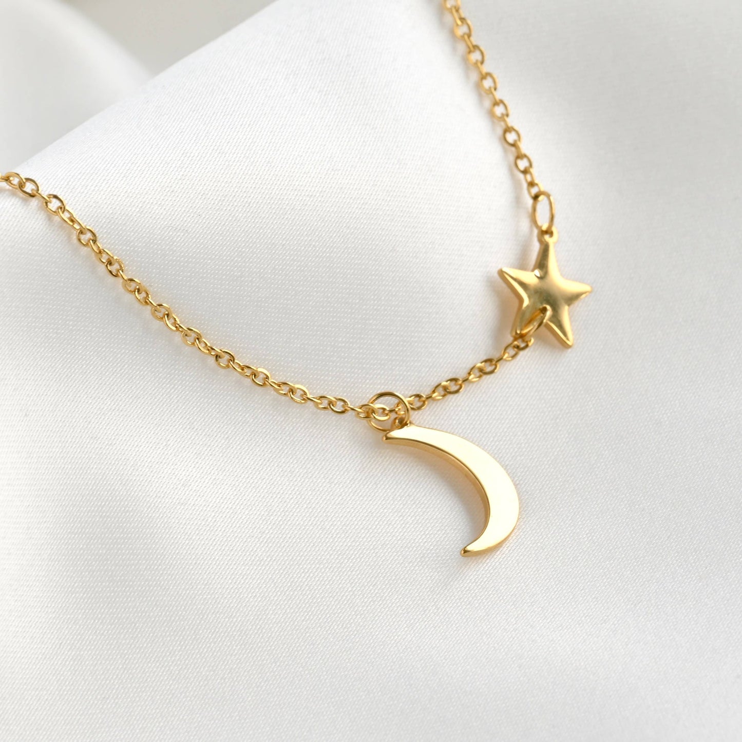 Eleanor Moon and Star Necklace- Waterproof Crescent Necklace : Silver