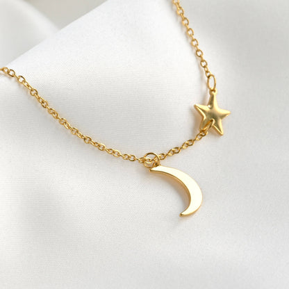 Eleanor Moon and Star Necklace- Waterproof Crescent Necklace : Silver