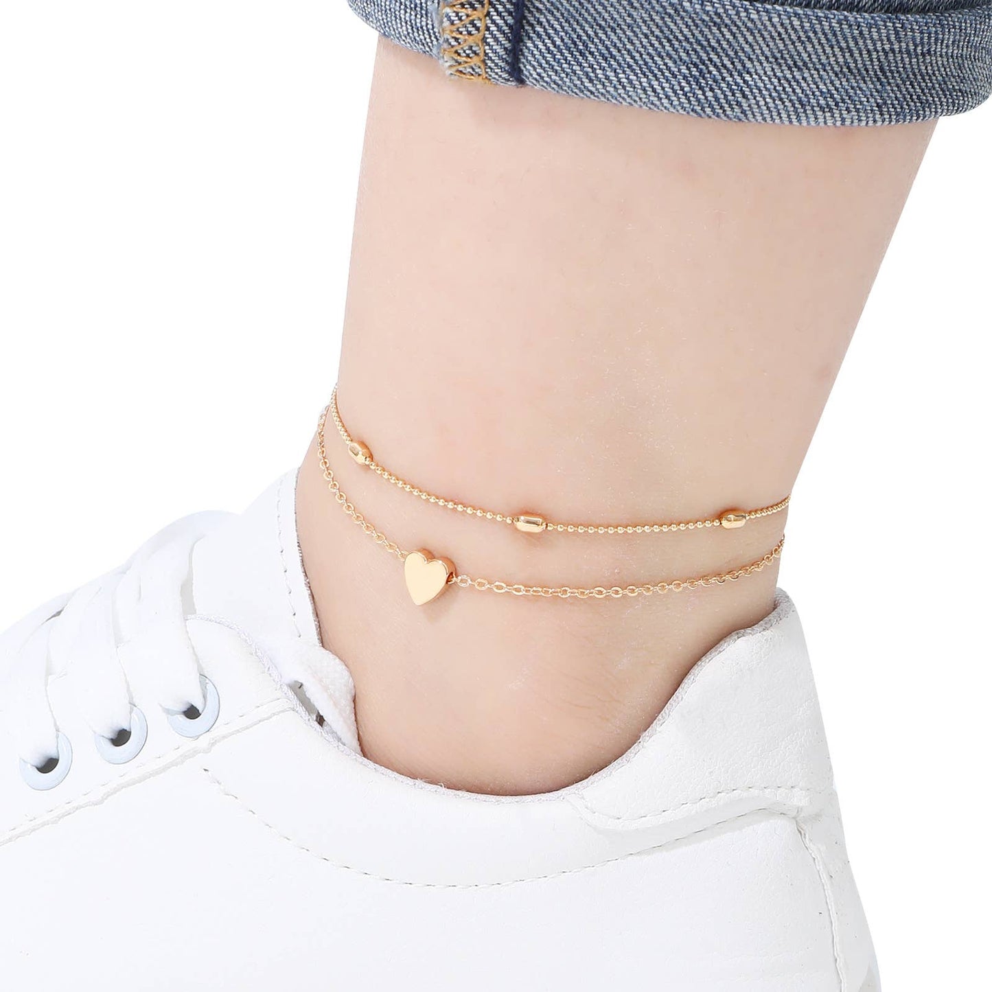 Lara Layered Heart Anklet - Double Chain Heart Charm Anklet: Yellow Gold / Stainless Steel (Waterproof)