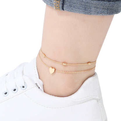 Lara Layered Heart Anklet - Double Chain Heart Charm Anklet: Yellow Gold / Stainless Steel (Waterproof)