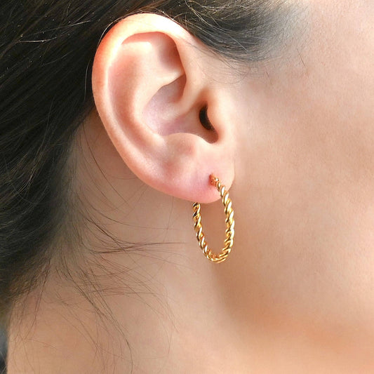 Lea Twisted Hoops - Tarnish-free 20 MM Thin Rope Hoop Earrings: Gold