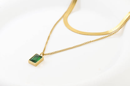 Layered Herringbone Necklace - Cushion Cut Emerald Necklace