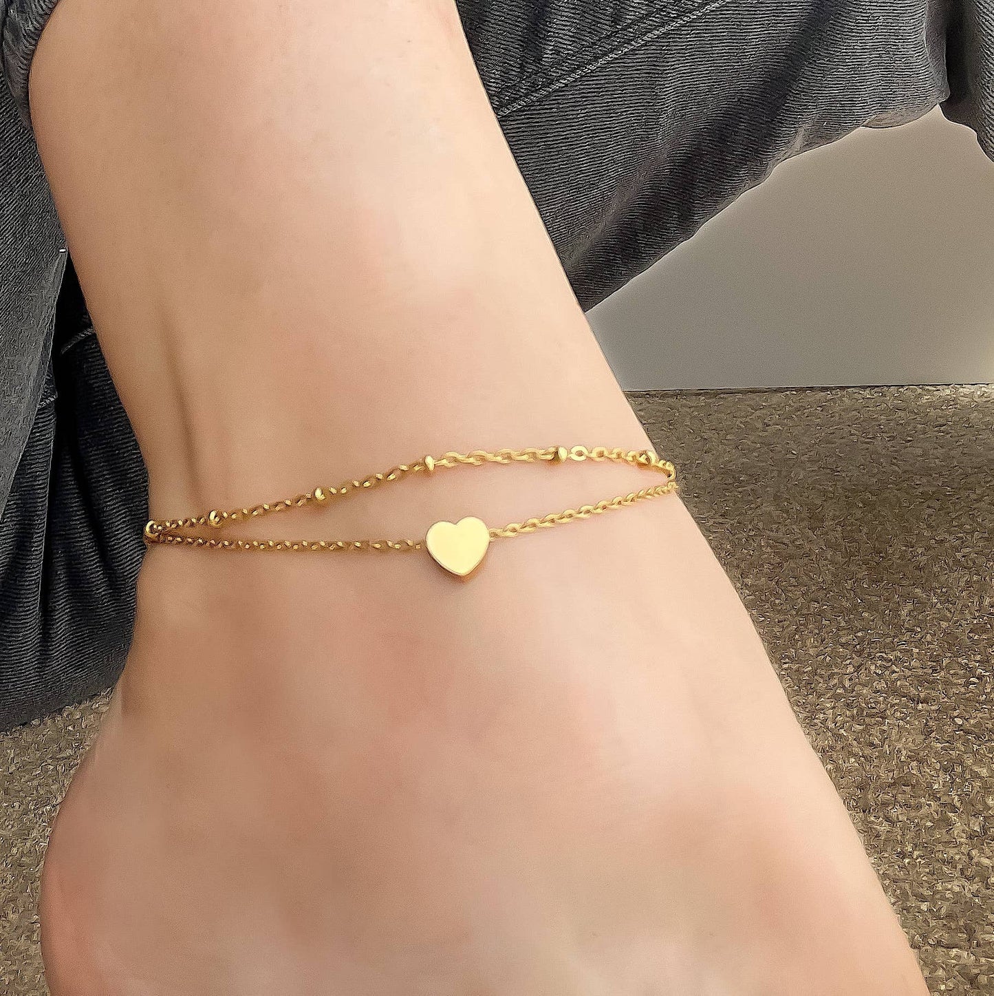 Lara Layered Heart Anklet - Double Chain Heart Charm Anklet: Yellow Gold / Stainless Steel (Waterproof)