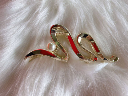 Large Hair Clip, Pearl, Hair Accessories, Metal, Thick Hair: Gold