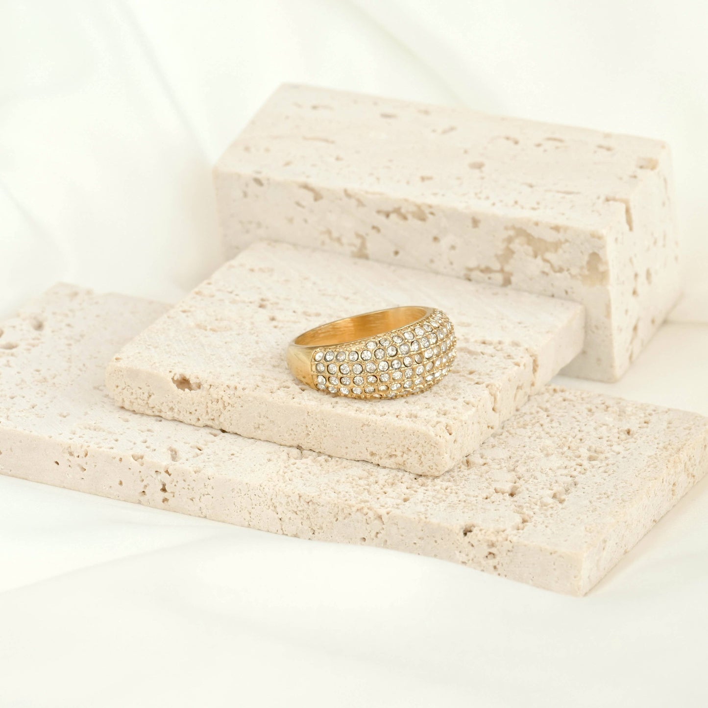 Tessa 18k Gold Dome Rings - Stainless Steel Chunky Rings: 8 / B.  Pavé Diamond