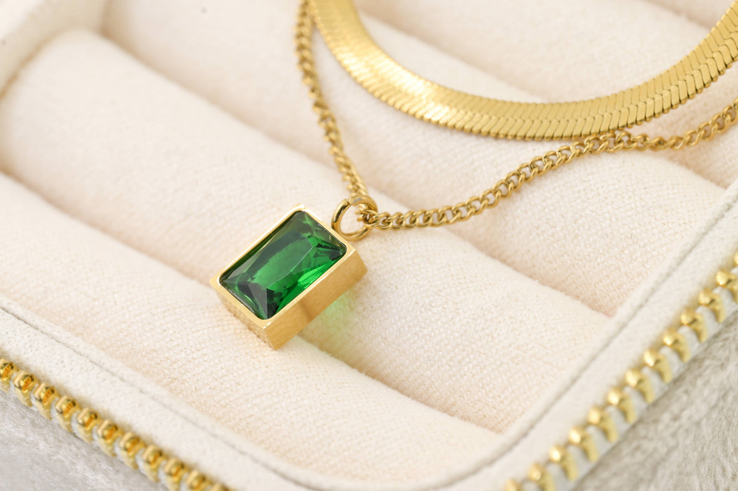 Layered Herringbone Necklace - Cushion Cut Emerald Necklace