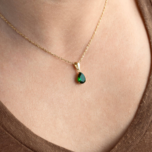 Acacia Pear CZ Necklace - Tear Drop Diamond Birthstone Pendant: Gold / Black