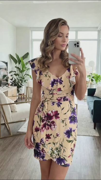 Women's Floral Mini Ruffle V-Neck Dress